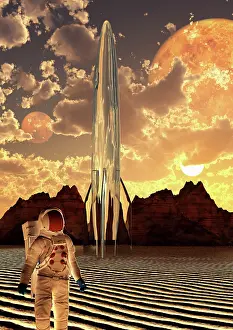 Spaceflight: An astronaut using a rocketship to travel to different