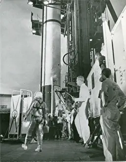 Approaches: Astronaut Virgil ?Gus? Grissom approaches his Redstone ?