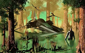 Starfighter: An astronaut wades through the swamp-like waters of an ?