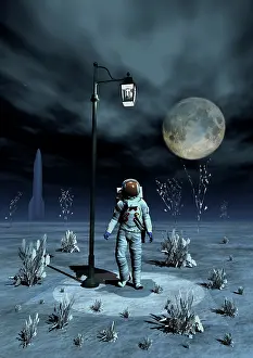 Cosmonaut: An astronaut walking under an old-fashioned street light