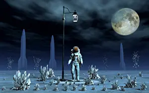 Cosmonaut: An astronaut walking under an old-fashioned street light
