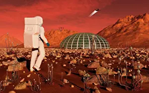 Martian: Astronaut walking across the surface of Mars towards a ?