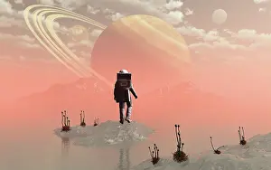 Saturn: An astronaut walking on the surface of Titan