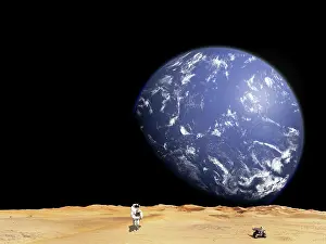Unrecognizable: An astronaut works with his rover while exploring a barren ?