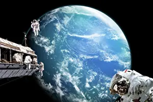 Unrecognizable: Astronauts perform work on a space station while orbiting ?