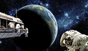 Unrecognizable: Astronauts performing work on a space station while ?