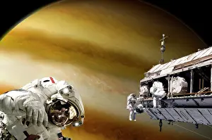 Jupiter: Astronauts performing work on a space station while ?