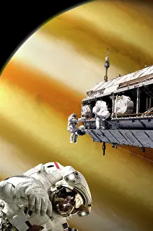 Jupiter: Astronauts performing work on a space station while ?