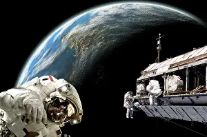 Unrecognizable: Astronauts performing work on a space station while ?