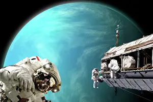 Unrecognizable: Astronauts performing work on a space station while ?