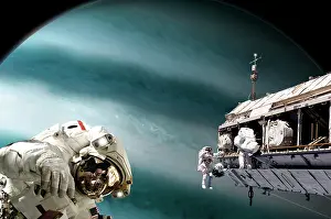 Jupiter: Astronauts performing work on a space station while ?