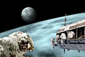 Extravehicular: Astronauts performing work on a space station while orbiting
