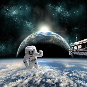 Moonlight: Astronauts work on a space station while the sun rises