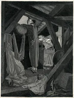 Cobweb: Astronomer looking at the sky from an attic room