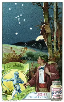 Liebigs: astronomy, constellations, hiker looking at the