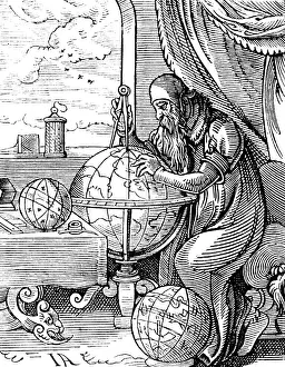 Compasses: astronomy, geographer at work, after woodcut