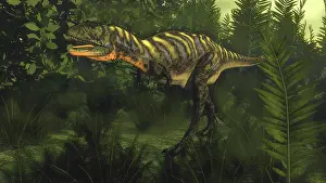 Magnolia: Aucasaurus dinosaur walking amongst lush foliage