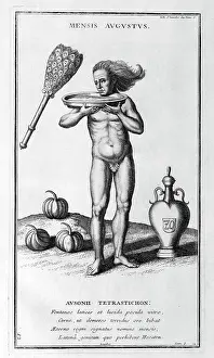 Represented: August represented as man holding a large dish