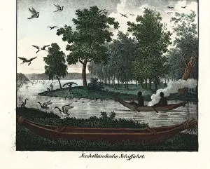Goedsches: Australian aborigines paddling a canoe, others