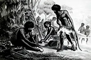 Rubbing: Australian aborigines preparing a meal beside a river
