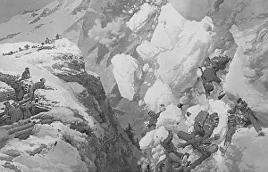 Entrenched: Austrian troops swept away in avalanche by Matania, WW1