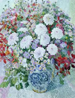 Chrysanthemum: Autumn Bouquet ? in blue patterned jug