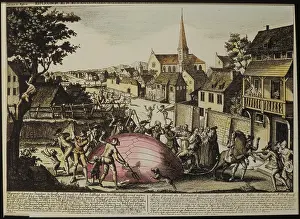 Montgolfiere: aviation, balloon, peasants egged by monks attacking