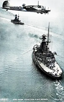 Anson: Avro Anson flying over HMS Revenge, WW2
