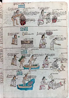 Thrown: Aztec education of boys (left): boy punished by