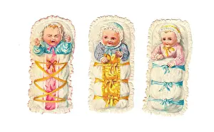 Cradles: Babies in cradles on three Victorian scraps