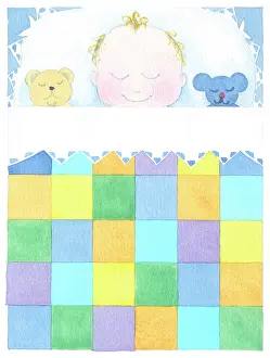 Teddies: Baby asleep in bed under patchwork cover