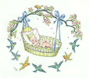 Cribs: A baby in a basket hanging from a tree