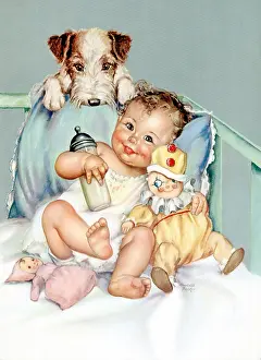 Happily: Baby with Bottle, Doll and Dog