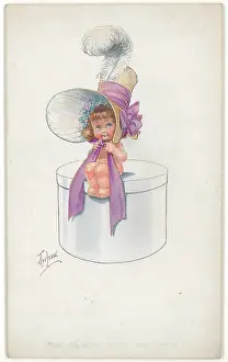 Gilson: Baby on hat box in large feathered bonnet