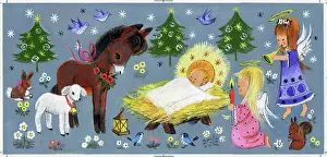 Crib: Baby Jesus in crib with two angels