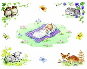 Lynes: Baby lying on a rug on grass, animals around