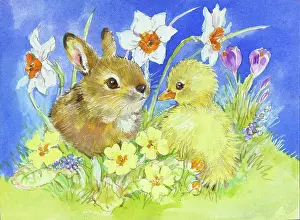 Matthes: Baby rabbit and chick with spring flowers