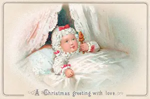 Cots: Baby with rattle in a cot on a Christmas card