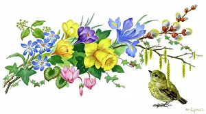 Lynes: Baby Thrush and spray of spring flowers