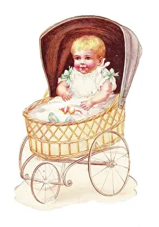 Perambulators: Baby in wickerwork pram on a cutout greetings card