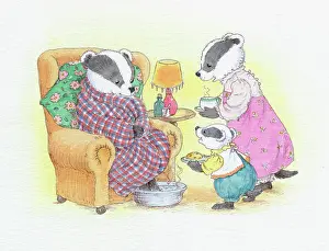 Badgers: Badger in armchair with badgers bringing tea