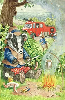 Interrupted: Badger cooking sausages on roadside fire