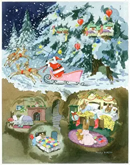Toboggan: Badger Father Christmas and rabbits in bed