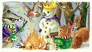 Storycard: Badger, rabbit, squirrel, snowman and bonfire