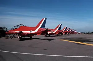 Hawks: BAe Systems Hawks RAF Red Arrows line up Binbrook 1982