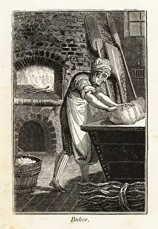 Kneading: Baker in apron and hat kneading dough in a kitchen