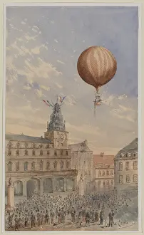 Balloonists: Balloon with two passengers ascending over a town square, wi