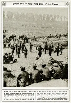 Pipers: The band of the Black Watch play to the troops
