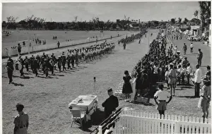 Mauritius: Band of boy scouts marching at a rally, Mauritius