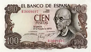 Currencies: Banknote about 100 peseta, 1970